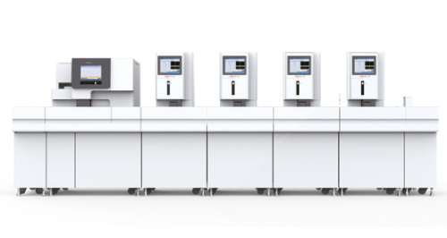 BF-7200 Plus Analisador de Hematologia Automático Esteira de bancada composta pelo Analisador Automático de Hematologia BF-7200 Plus e pelo Analisador